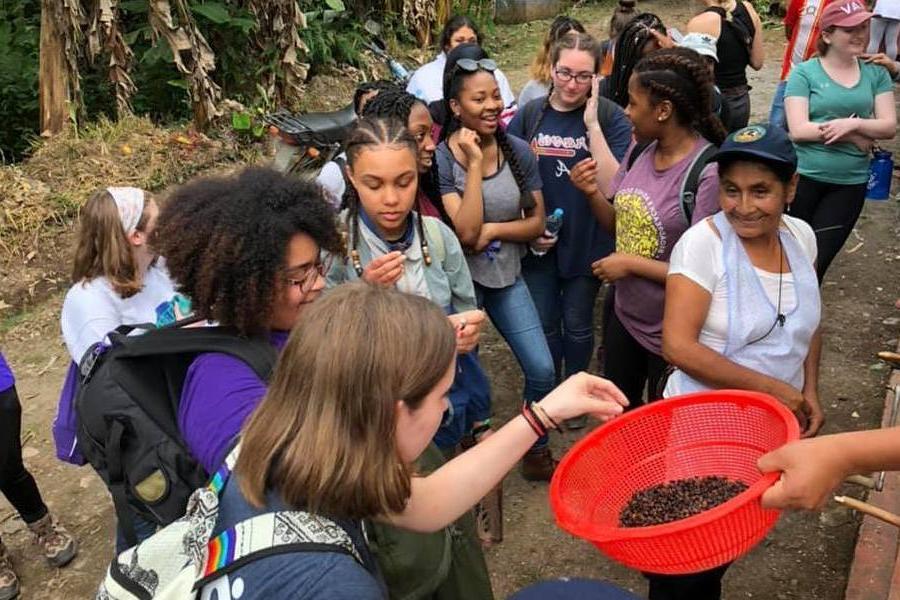 Students learn about coffee production in Peru.